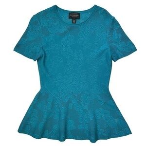 St John Turquoise Blue Jacquard Knit Pointelle Peplum Top